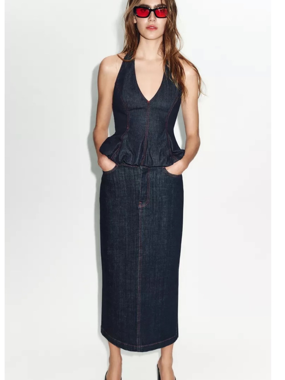 Zara Denim Balloon Halter Top and midi Skirt Set